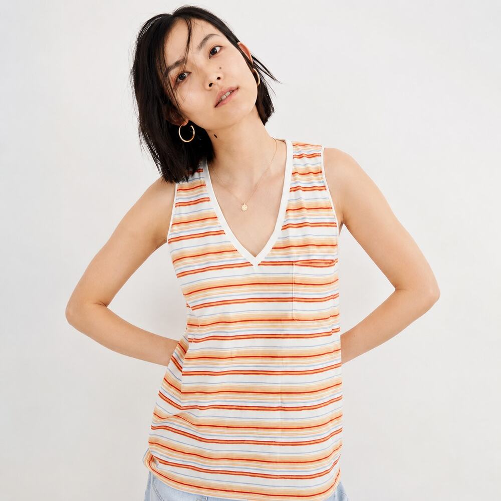 Madewell Whisper Cotton V-Neck Pocket Tank Fieldgate Stripe Small L7326 Retro